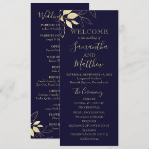 Navy Blue & Gold Foliage Botanical Wedding Program Programme