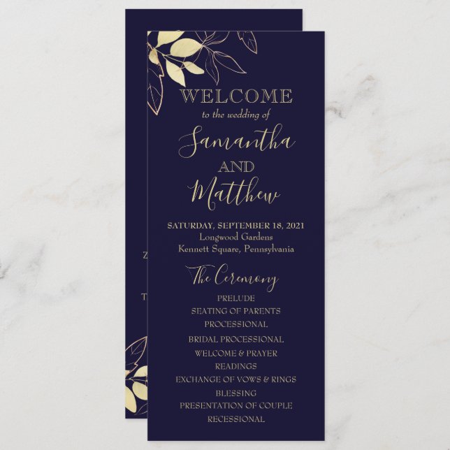 Navy Blue & Gold Foliage Botanical Wedding Program Programme (Front/Back)