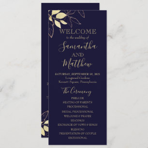 Navy Blue & Gold Foliage Botanical Wedding Program Programme