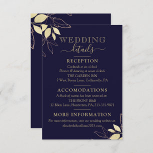 Navy Blue & Gold Foliage Modern Botanical Wedding Enclosure Card