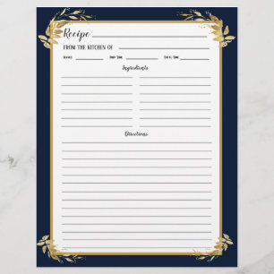 Navy Blue Gold Foliage Recipe Binder Page