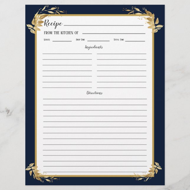 Navy Blue Gold Foliage Recipe Binder Page (Back)