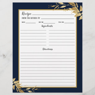 Navy Blue Gold Foliage Recipe Binder Page