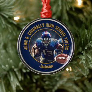 Navy Blue Gold Football Player Photo Christmas Metal Tree Decoration