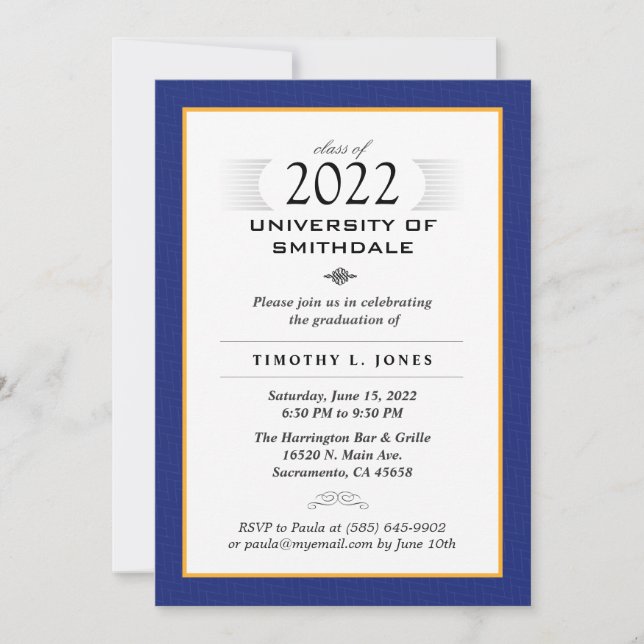 Navy Blue & Gold Formal Graduation Party Invite (Front)