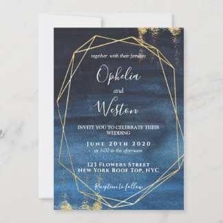 Navy Blue Gold Frame Elegant Luxury Wedding Invitation