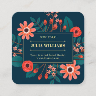 Navy blue gold frame floral boho flower bouquet square business card