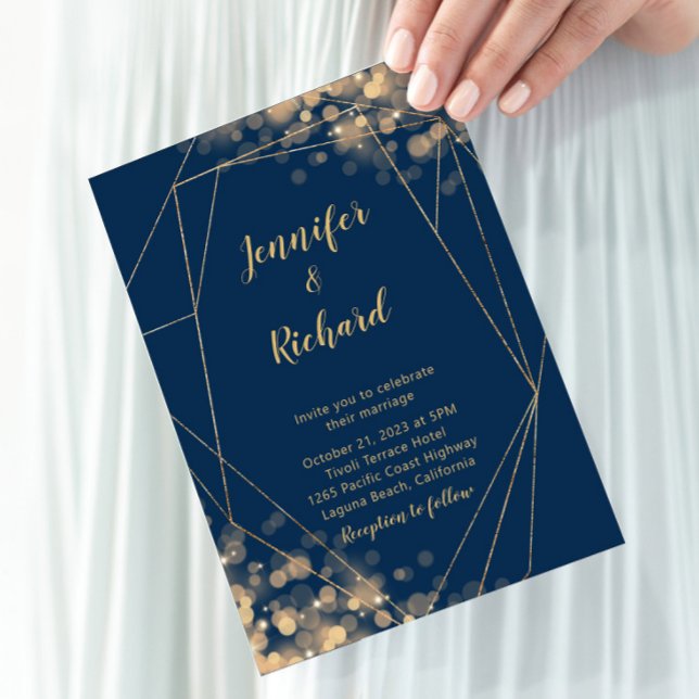 Navy Blue & Gold Frame with Bokeh Lights Invitation (Creator Uploaded)