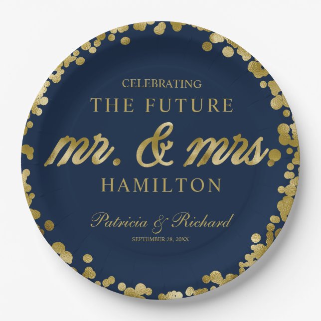 Navy Blue Gold Future Mr and Mrs Engagement Party Paper Plate (Front)
