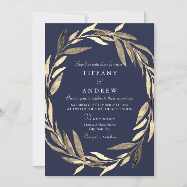 Navy Blue Gold Garden Leaf Wreath Wedding Invite (Front)