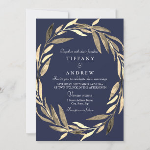 Navy Blue Gold Garden Leaf Wreath Wedding Invite