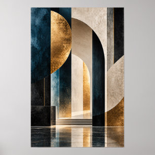 Navy Blue Gold Geometric Architectural Abstract Wa Poster
