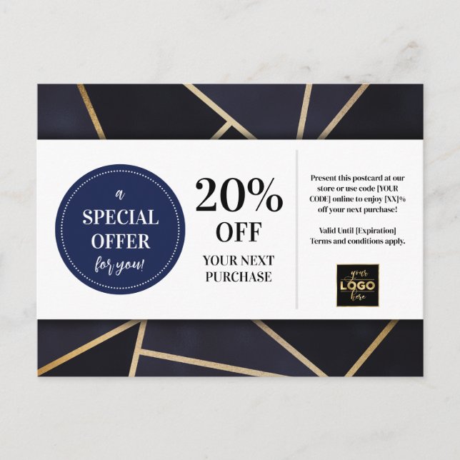 Navy Blue Gold Geometric Coupon Discount Postcard (Front)