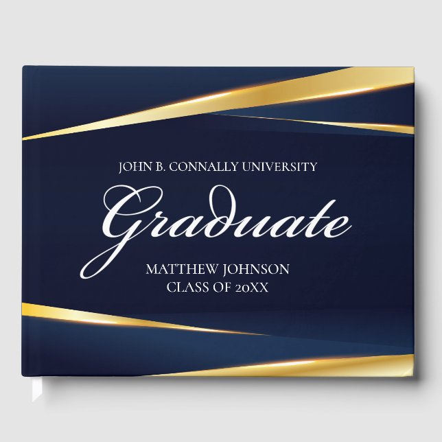 Navy Blue Gold Geometric Custom Formal Graduation Guest Book (Front)