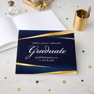 Navy Blue Gold Geometric Custom Formal Graduation Guest Book