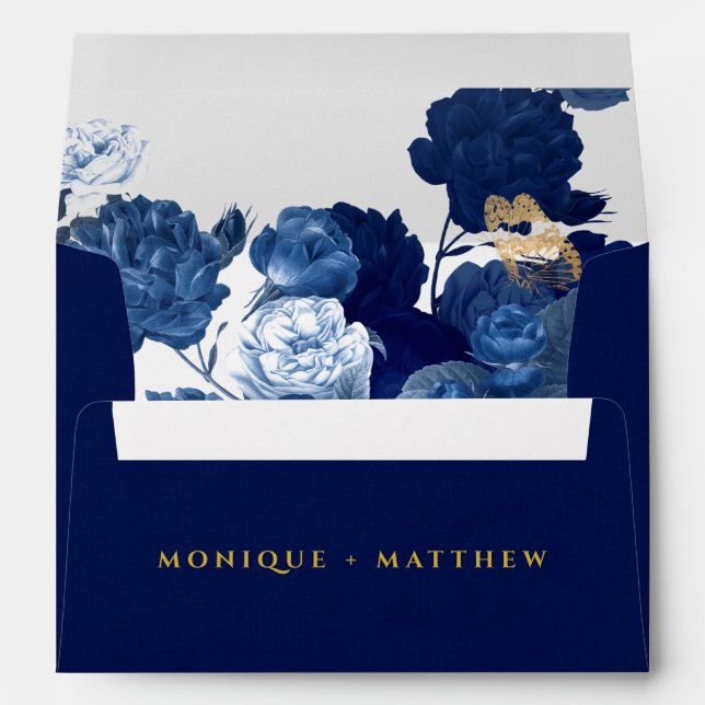 Navy Blue & Gold Geometric Floral Custom Wedding Envelope (Back (Bottom))