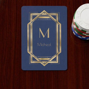 Navy Blue & Gold Geometric Monogram & Name Playing Cards