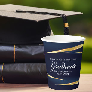 Navy Blue Gold Geometric Photo Graduation Party Paper Cups