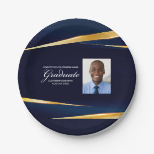 Navy Blue Gold Geometric Photo Graduation Party Paper Plate