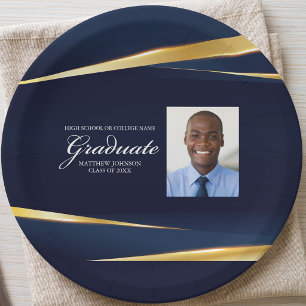 Navy Blue Gold Geometric Photo Graduation Party Paper Plate
