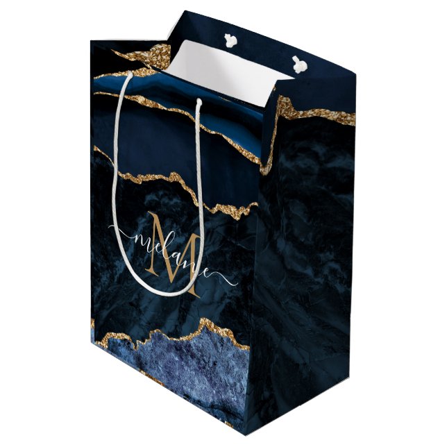 Navy Blue Gold Gift Bag Personalised Your Design (Back Angled)