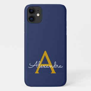 Navy Blue Gold Girly Script Monogram Name Modern Case-Mate iPhone Case