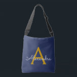 Navy Blue Gold Girly Script Monogram Name Modern Crossbody Bag<br><div class="desc">Gold and Navy Blue anniversary,  baby shower or bachelorette party gift for someone that loves glam luxury and chic styles.</div>