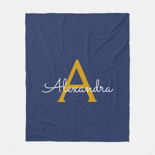Navy Blue Gold Girly Script Monogram Name Modern Fleece Blanket (Front)
