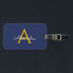 Navy Blue Gold Girly Script Monogram Name Modern Luggage Tag<br><div class="desc">Navy Blue and Gold Monogram Add your own Name Script Luggage Bag Tag The bag tag makes the perfect sweet 16 birthday,  wedding,  bridal shower,  baby shower or bachelorette party gift for someone decorating her room in style.</div>