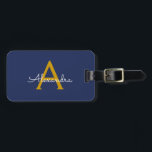 Navy Blue Gold Girly Script Monogram Name Modern Luggage Tag<br><div class="desc">Navy Blue and Gold Monogram Add your own Name Script Luggage Bag Tag The bag tag makes the perfect sweet 16 birthday,  wedding,  bridal shower,  baby shower or bachelorette party gift for someone decorating her room in style.</div>
