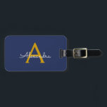 Navy Blue Gold Girly Script Monogram Name Modern Luggage Tag<br><div class="desc">Navy Blue and Gold Monogram Add your own Name Script Luggage Bag Tag The bag tag makes the perfect sweet 16 birthday,  wedding,  bridal shower,  baby shower or bachelorette party gift for someone decorating her room in style.</div>