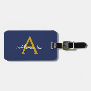 Navy Blue Gold Girly Script Monogram Name Modern Luggage Tag