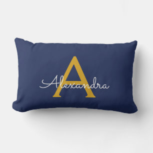 Navy Blue Gold Girly Script Monogram Name Modern Lumbar Cushion