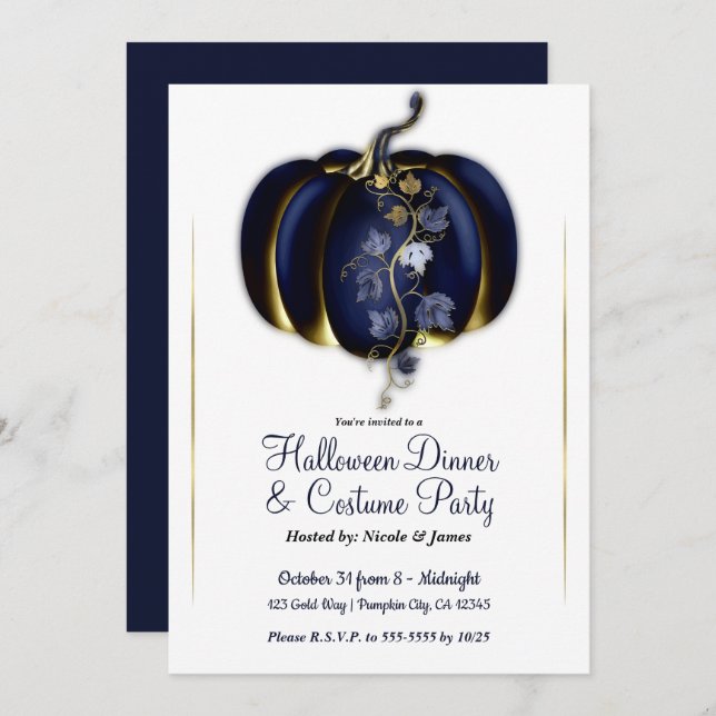 Navy Blue Gold Glam Pumpkin Halloween Dinner Party Invitation (Front/Back)