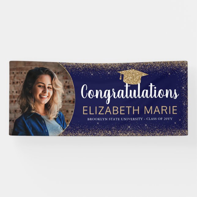 Navy Blue Gold Glitter 2021 Class Photo Graduation Banner (Horizontal)