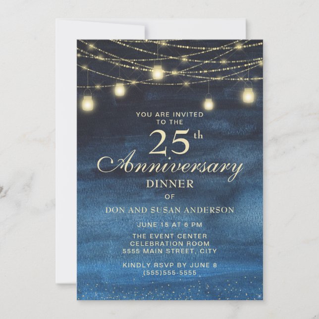 Navy Blue Gold Glitter 25th Wedding Anniversary Invitation (Front)