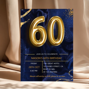 Navy Blue Gold Glitter 60th Birthday Invitation