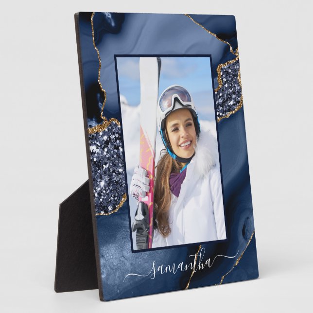 Navy Blue Gold Glitter Agate Elegant Name Photo Plaque (Side)
