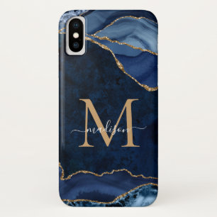 Navy Blue Gold Glitter Agate Gemstone Monogram Case-Mate iPhone Case