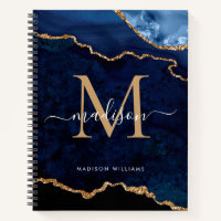 Navy Blue Gold Glitter Agate Geode Monogram