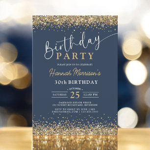 Navy Blue Gold Glitter Any Age 30th Birthday  Invitation