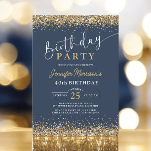 Navy Blue Gold Glitter Any Age 40th Birthday  Invitation
