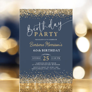 Navy Blue Gold Glitter Any Age 60th Birthday Invitation