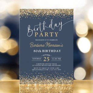 Navy Blue Gold Glitter Any Age Birthday  Invitation