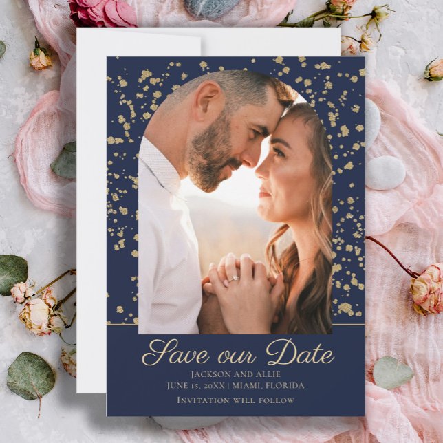 Navy Blue Gold Glitter Arch Dome Photo Wedding Save The Date (Elegant navy blue and gold wedding Save-the-Date arch photo announcement card.)