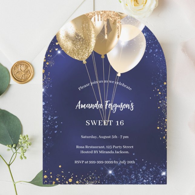 Navy blue gold glitter balloons arch birthday invitation (Creator Uploaded)