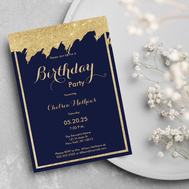 Navy blue gold glitter brushstrokes Birthday Party Invitation (Navy blue gold glitter brushstrokes Birthday Party Invitation )