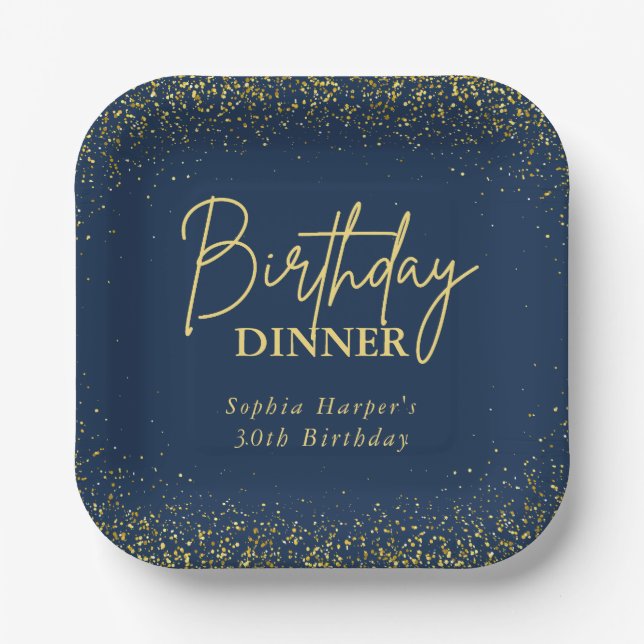 Navy Blue Gold Glitter Confetti Birthday Dinner Paper Plate (Front)