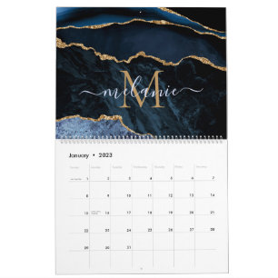 Navy Blue Gold Glitter Custom Letter Name Calendar