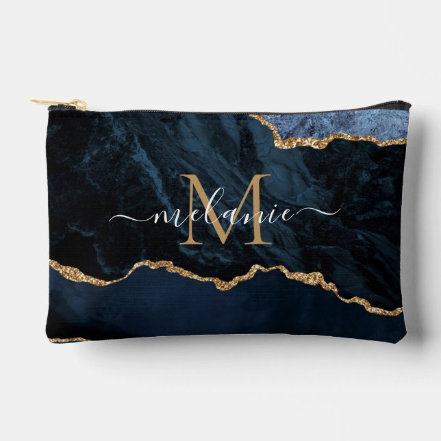 Navy Blue Gold Glitter Custom Letter Your Name Accessory Pouch (Front)